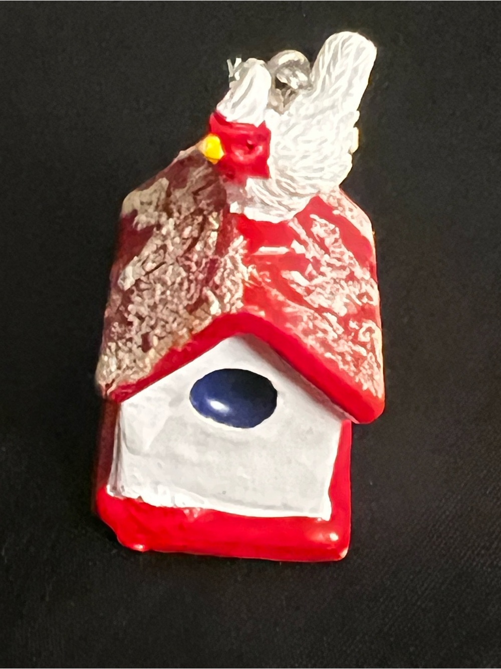 Vintage Rooster on Snowy Red Birdhouse Christmas Ornament